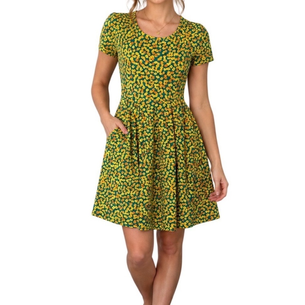 LuLaRoe Golden Meadow Fit & Flare Amelia Dress Womens XS Short Sleeve Pockets